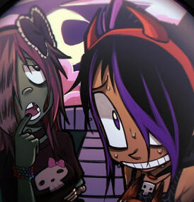 my OCs elegy and izzy staring through a fisheye lens