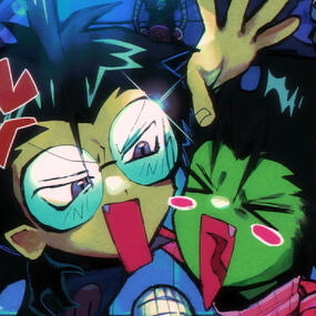 zim and dib from invader zim singing karaoke together in a very anime-esque style, dib is angry while zim is happy